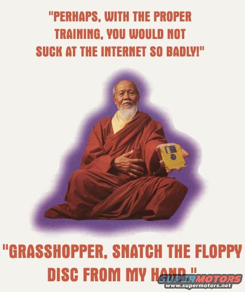 monk in robes holding a floppy disk, with text about internet training and snatching the disk
