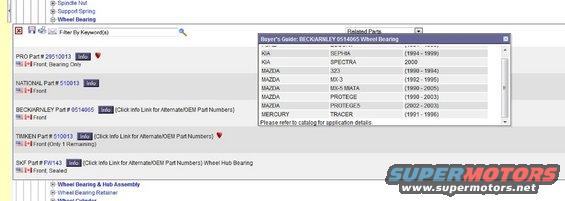 Screenshot of a parts catalog showing wheel bearing applications for various car makes and models, including Mercury Tracer