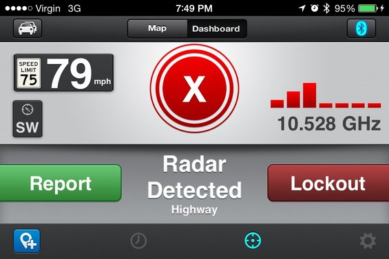 Radar detector app screen showing speed limit 75, current speed 79 mph, and radar detected signal