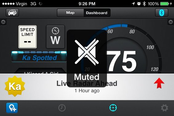 Dashboard display showing speed limit, compass, and "Ka Spotted" alert