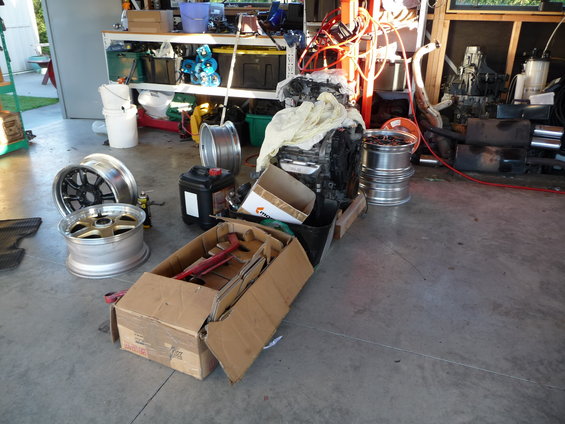 Engine and car parts including wheels and boxes