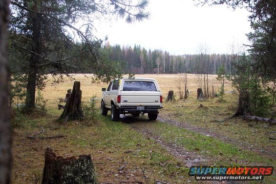 White 1990 Ford Bronco parked on a dirt road, rear view, surrounded by trees and a field
