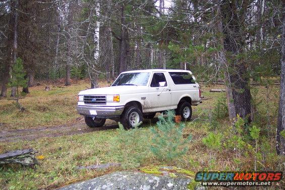 White 1990 Ford Bronco parked on a dirt path in a forest