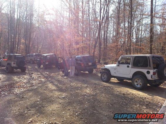 Several off-road SUVs parked on a dirt path in a forest, with a white Jeep Wrangler in the foreground