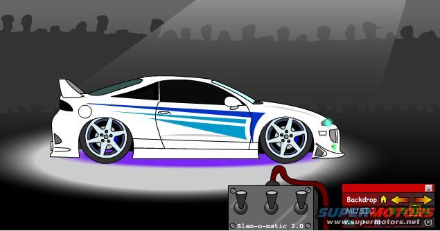 Cartoon white sports coupe with blue stripes, purple underglow, on a stage