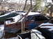 1974 Dodge Challenger - A blue 1974 Dodge Challenger sits in a snowy junkyard, partially obscured by trees and other vehicles.