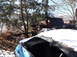 1974 Dodge Challenger - Junkyard scene with a partially snow-covered blue car interior visible amongst trees and other discarded vehicles.