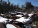 1974 Dodge Challenger - Several old cars are buried in snow at a junkyard, with trees and buildings in the background.