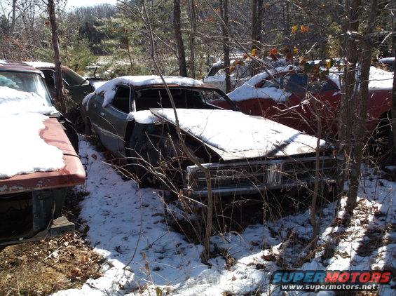 Junkyard car covered in snow, front end visible, trees around