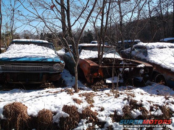 Two vintage cars, a blue sedan and a rusty orange coupe, covered in snow in a junkyard.