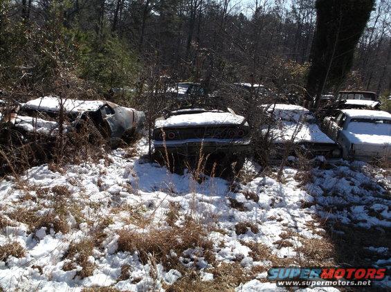 Abandoned muscle cars in a snowy, wooded junkyard.