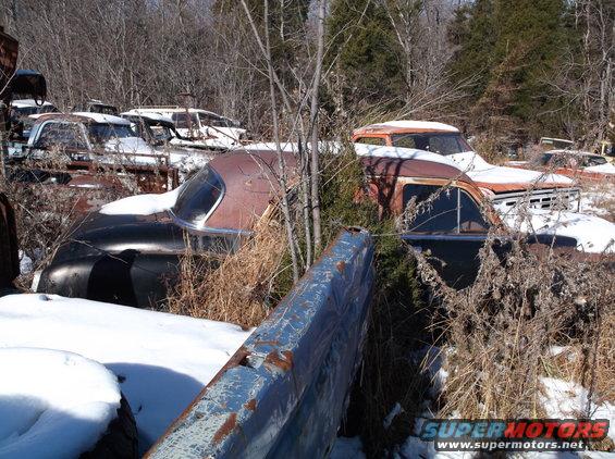 Abandoned vintage cars and trucks in a snowy junkyard.
