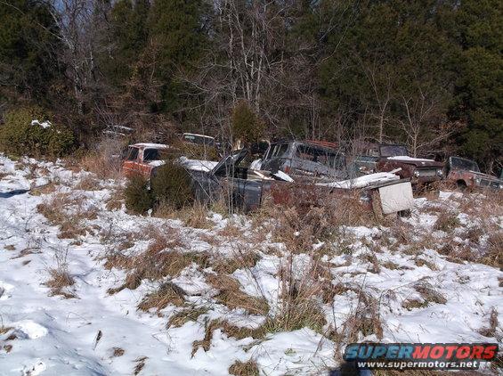Abandoned, rusted vehicles in a snowy, wooded area.