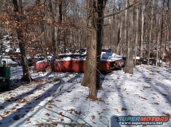 Red convertible car in a snowy junkyard, front end damaged, partially covered in snow