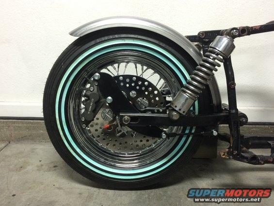 Shovelhead swingarm frame with rear Tokico 6 piston caliper and solid mounted rear fender