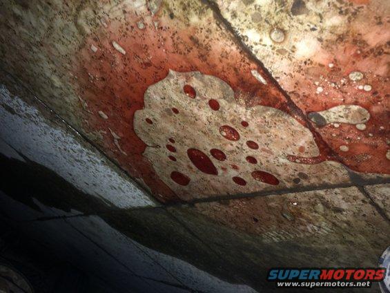 Underbody of a vehicle showing red fluid leaks and grime