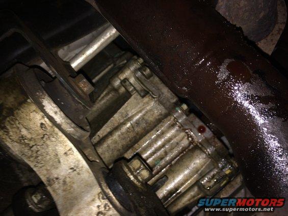 Transfer case and exhaust pipe with visible fluid leak
