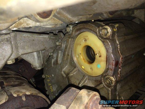 Close-up of a transfer case seal with some yellow and blue markings