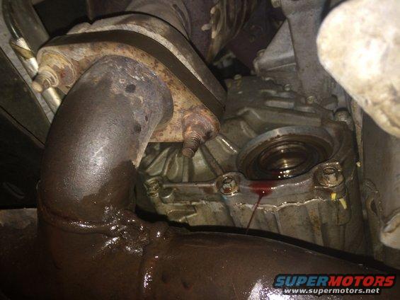 Exhaust pipe and transmission housing with a leaking seal and red fluid
