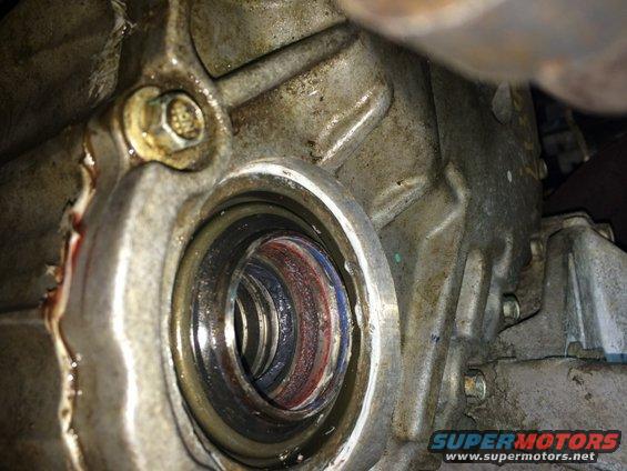 Close-up of a transmission seal with red and blue colored rings