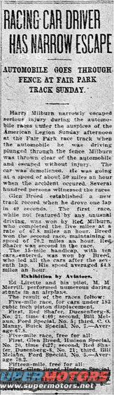 Newspaper clipping detailing a racing car driver's narrow escape from serious injury at Fair Park track