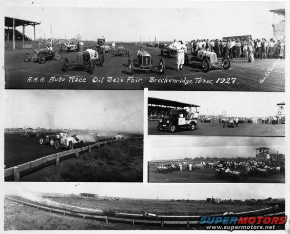Race cars on a dirt track with spectators and grandstands at the Oil Belt Fair in 1927