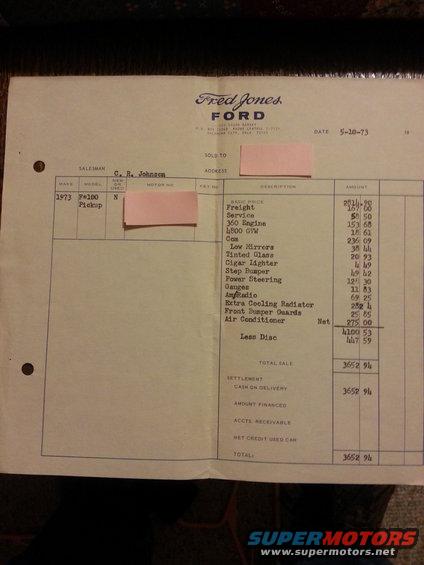 Ford dealership invoice for a 1973 F-100 Pickup, dated 5-10-73