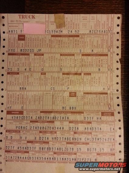 Ford truck build sheet with handwritten codes and printed text