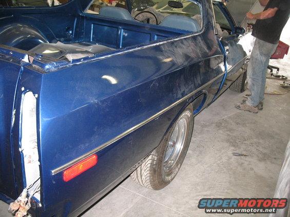 1972 Ford Ranchero side view, blue paint, undergoing repairs
