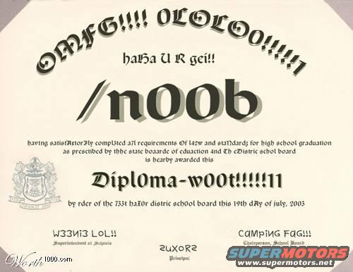 Certificate awarding '/noob' status, dated July 19, 2003