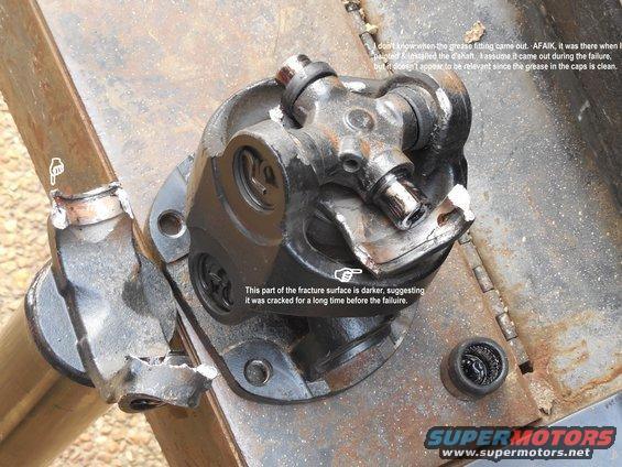 dshaftjbg3g1.jpg It appears the flattened-out side of the yoke was cracked for a while before the whole thing came apart.  Considering that I've only had this driveshaft for 8 months, it must have been cracked when I got it.  And since I have 3 other vehicles to drive, this one hasn't been used every day.

I found that cap in the dirt where I had shifted out of 4 just before pulling out onto the pavement.  All the needles appear to still be in it, along with that plug of grease in the center.

I have no idea where or when the Zerk fell out (assuming it was even installed), but since this failure has nothing to do with grease, it's irrelevant.