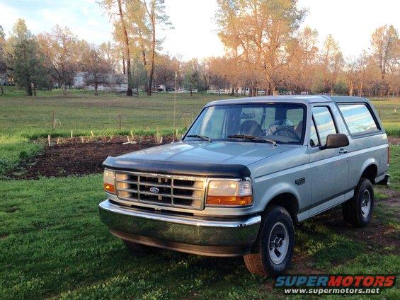Silver 1996 Ford Bronco parked in a grassy field with trees in the background