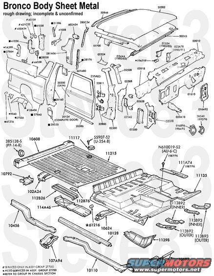 bodysheetmetal.jpg INCOMPLETE Bronco Body Sheet Metal Parts
IF THE IMAGE IS TOO SMALL, click it.

01610 Cowl Panel ('92-96 F4TZ1501610A)
016A92 Cowl Reinforcement ('92-96 F2TZ15016A92A)
02010 Cowl Top ('92-96 F2TZ1502010A)
020A10 Cowl Horn ('80-96 Left F2TZ15020A11A; Right F4TZ15020A10A)
02018 Cowl Inner ('92-96 F2TZ1502030A)
02268 Cowl Grill ('92-96 F6TZ15022A68AA) (aka Wiper Valance)
10608 Rear Sill [url=http://www.autometaldirect.com/amd-rear-cross-sill-80-96-ford-bronco-p-23021.html]new AMD[/url]
10792 Rear Perch ('80-96 Left F0TB9810793AALH; Right F2TB9810792AARH)
27700 Side Panel (includes quarter panel, sail panel, door strike) ('92-96 Left F5TZ9827701A) ('92-96 Right w/o swingaway F4TZ9827700A) ('92-96 Right w/swingaway F5TZ9827700B)
27840 Quarter Panel ('92-96 Left F2TZ9827841A) ('92-96 Right w/o swingaway F2TZ9827840A) ('92-96 Right w/swingaway F2TZ9827840B)
28028 Sail Panel ('80-96 Left EOTZ9828029A; Right EOTZ9828028A)
28160 Strike Pillar ('92-96 Left F4TZ9828161A) ('92-96 Right F4TZ9828160A)
99405 Fuel Door ('87-96 E9TZ99405A26A)

[url=http://www.supermotors.net/registry/media/1056905][img]http://www.supermotors.net/getfile/1056905/thumbnail/bodymountlhr1.jpg[/img][/url]