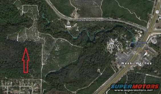 Aerial view of Weeki Wachee, Florida, showing Cortez Blvd and Weeki Wachee Spring