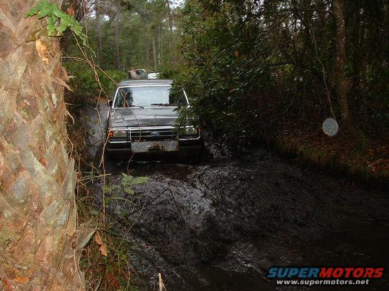 Ford Bronco driving through mud and water on a wooded trail