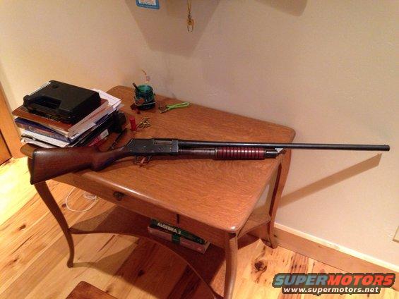 Pump-action shotgun with wooden stock and red ribbed forend rests on a wooden table