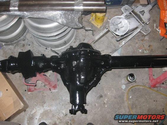 Black painted Ford rear axle assembly with differential housing