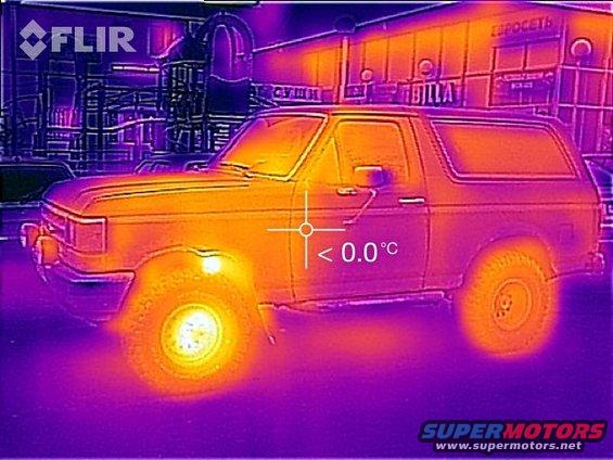 Thermal image of a 1987 Ford Bronco, side view, showing temperature readings