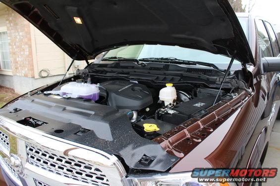 Brown Ram 1500 engine bay with hood open, showing engine components and chrome grille