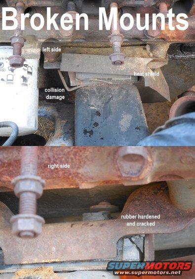 04engmts.jpg Before removing the heat shield to actually inspect it, I'm just going to assume the left mount is ruined.  The right certainly is.
[url=http://www.peachparts.com/shopforum/diesel-discussion/345913-more-motor-mounts.html]Molding your own poly engine mounts[/url]

See also:

[url=https://www.supermotors.net/registry/media/1154096][img]https://www.supermotors.net/getfile/1154096/thumbnail/engmts49l.jpg[/img][/url] . [url=https://www.supermotors.net/registry/media/518663][img]https://www.supermotors.net/getfile/518663/thumbnail/enginemounts.jpg[/img][/url]