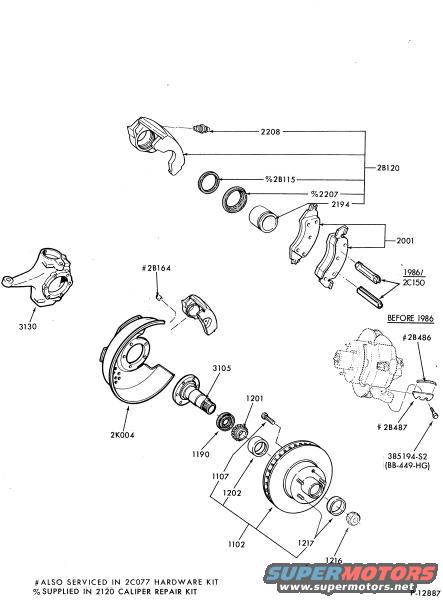 Diagram showing exploded view of brake components including caliper, rotor, and bearings