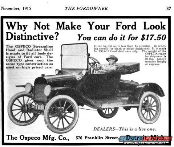 1915 Ford Model T with OSPeco Streamline Hood and Radiator Shell advertisement