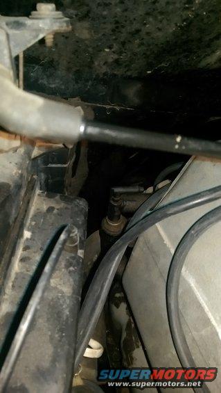 Engine bay with hoses and a sensor visible