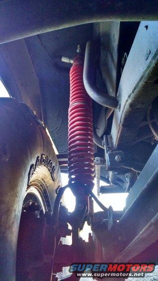 Red coilover shock absorber and tire tread
