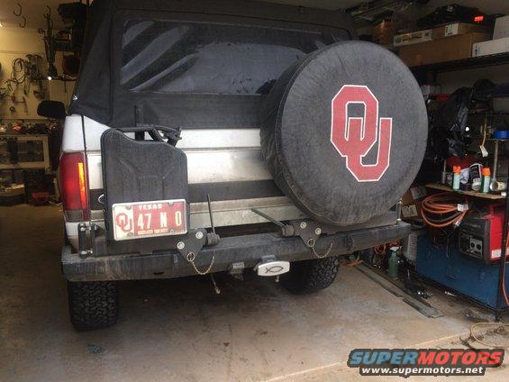 1996 Ford Bronco rear bumper with spare tire cover, jerry can, and Texas license plate