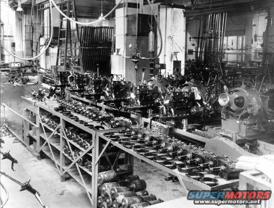 Assembly line with rows of engines and parts in a factory setting. Text reads SUPERMOTORS