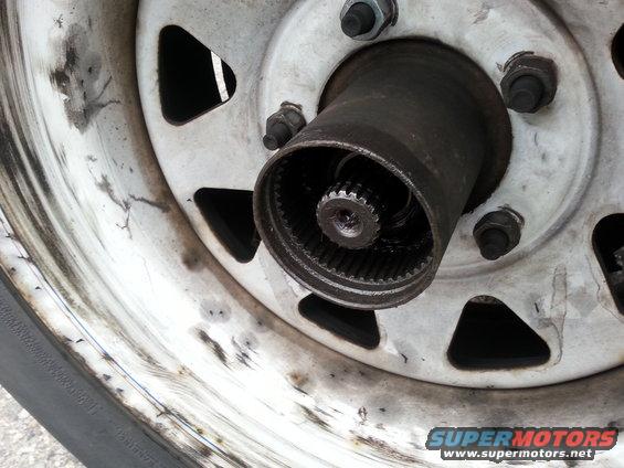 Close-up of a vehicle's front hub assembly and wheel