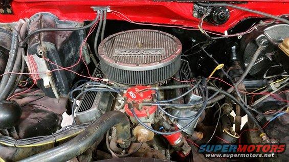 Engine bay with Edelbrock air cleaner and MSD distributor