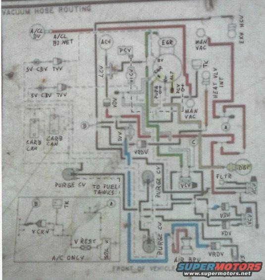 Vacuum hose routing diagram with various components labeled
