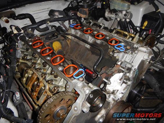Engine with intake manifold removed, showing gaskets and timing chain